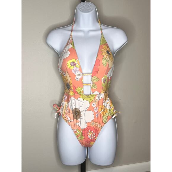 Wet Swimwear Darcy Retro Floral Plunge Drawstring One Piece Orange Women's S NWT - Picture 3 of 4